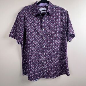 Nick Graham Purple Blue Floral AOP Button Down Shirt Sleeve Men’s Shirt Large
